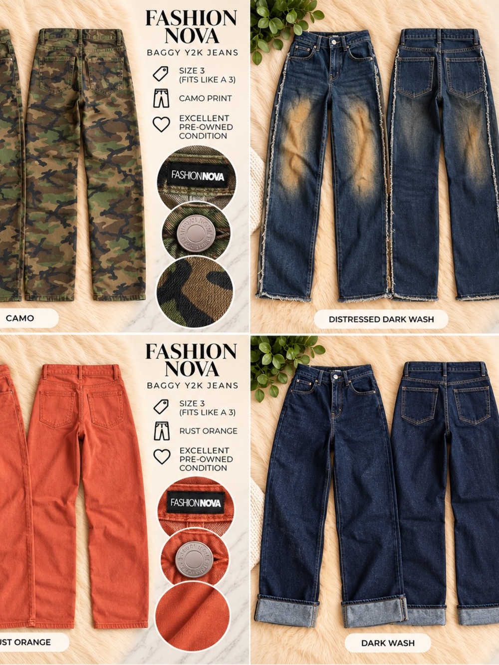 Fashion Nova Y2K Baggy Jeans 4-Pair Bundle – Size 3